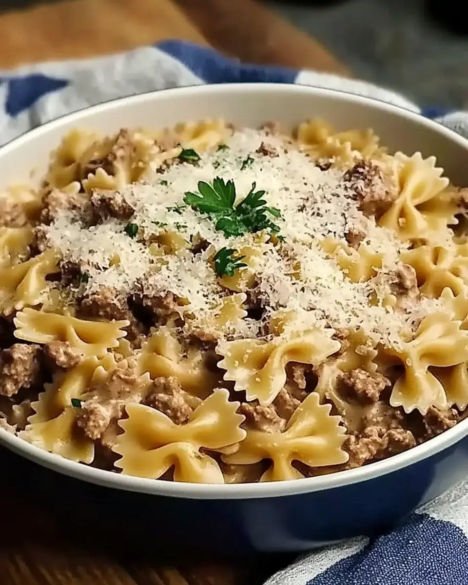 Garlic Parmesan Bowtie Pasta with Creamy Beef Excites!