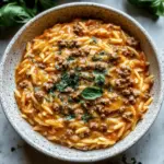 Ground Beef Orzo with Tomato Cream Sauce and Fresh Basil