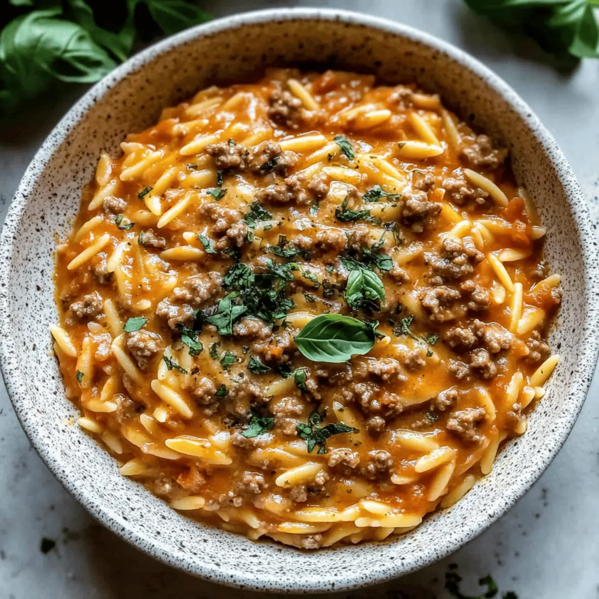 Ground Beef Orzo with Tomato Cream Sauce and Fresh Basil Bliss